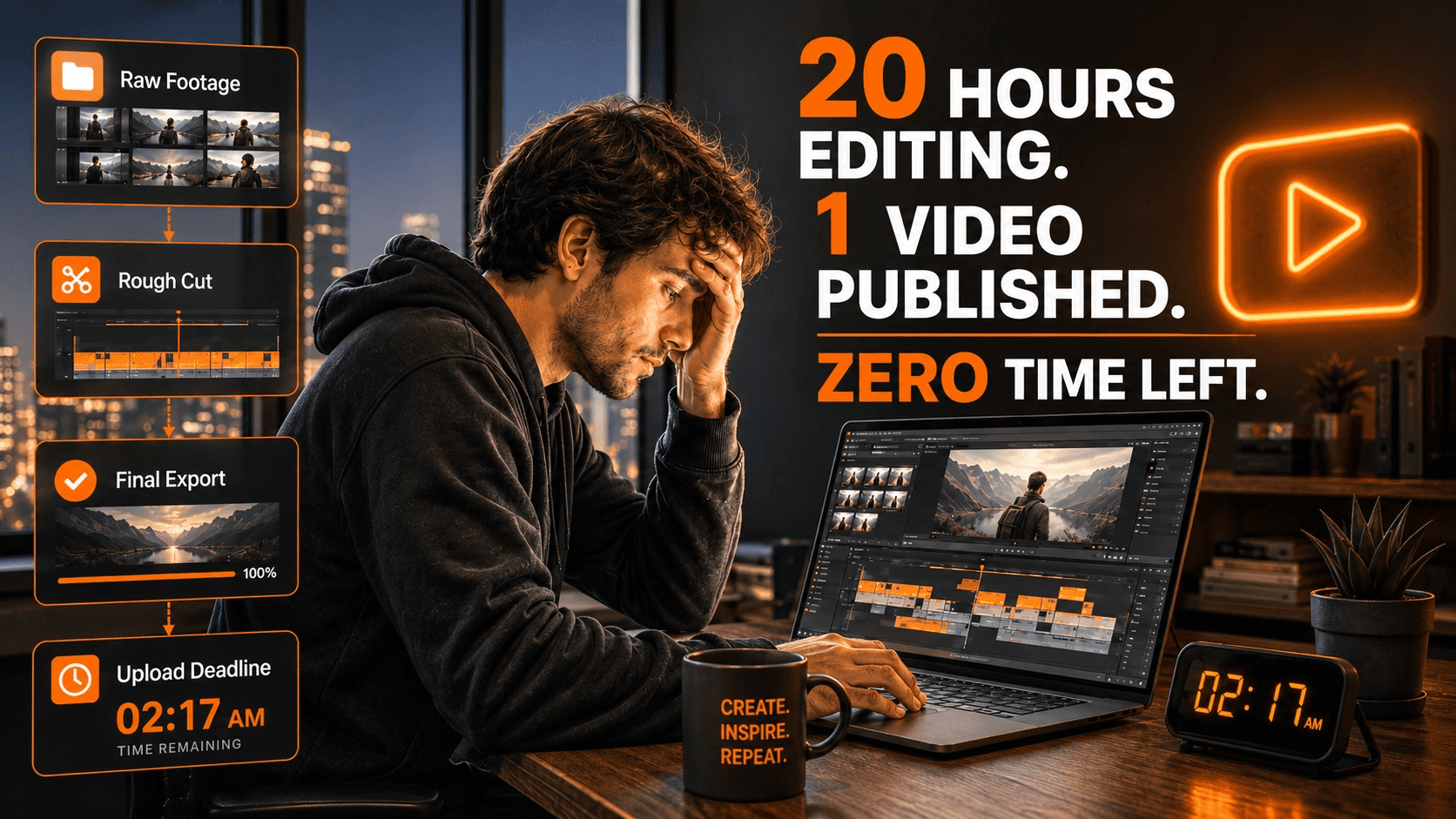 YouTube creator feeling burned out while editing video for hours